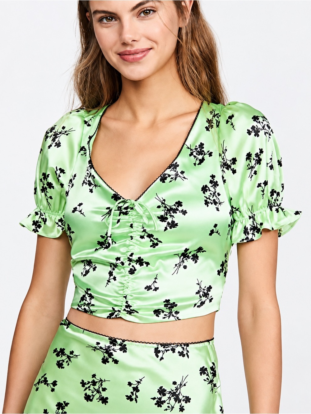 NWT LIKELY Mona Botanical Print Cropped Top Light Green and Black Size 0
